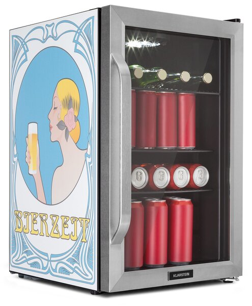 Klarstein Beersafe 70 Bierzeit Edition, хладилник, 70 литра, 3 полици, панорамна стъклена врата, неръждаема стомана