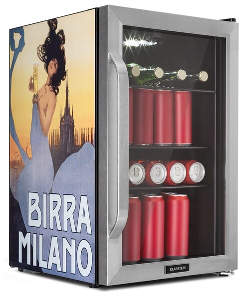 Klarstein Beersafe 70 Birra Milano Edition, хладилник, 70 литра, 3 полици, панорамна стъклена врата, неръждаема стомана