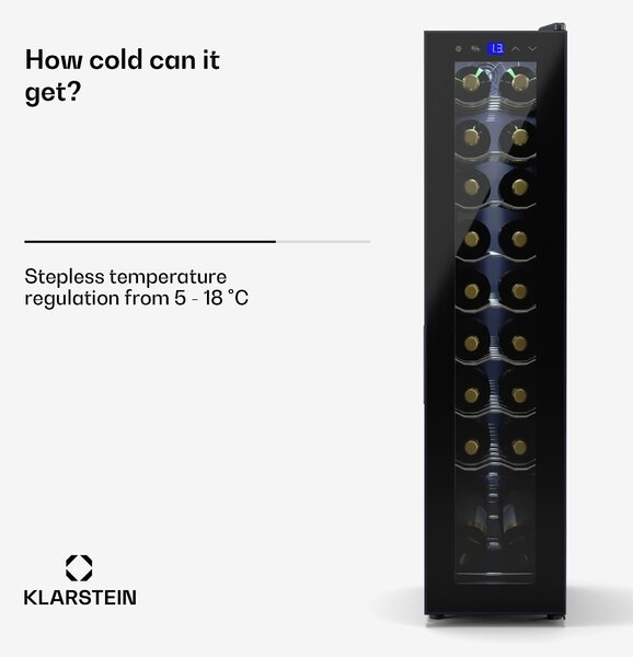 Klarstein Shiraz 18 Slim Uno, хладилник на вино, 18 бутилки, 5 - 18 °C, сензорно управление