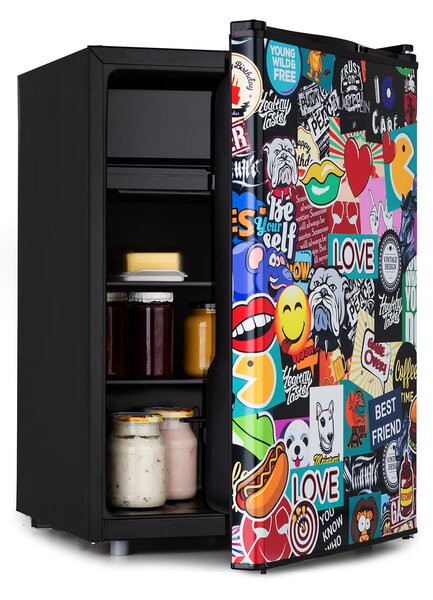 Klarstein Cool Vibe 70+, хладилник, 72 л, 2 рафт, стил Stickerbomb