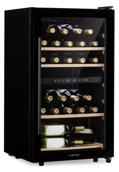 Klarstein Barossa 34 Duo, охладител за вино, 2 зони, 34 бутилки, стъклена врата, сензорно управление, черен