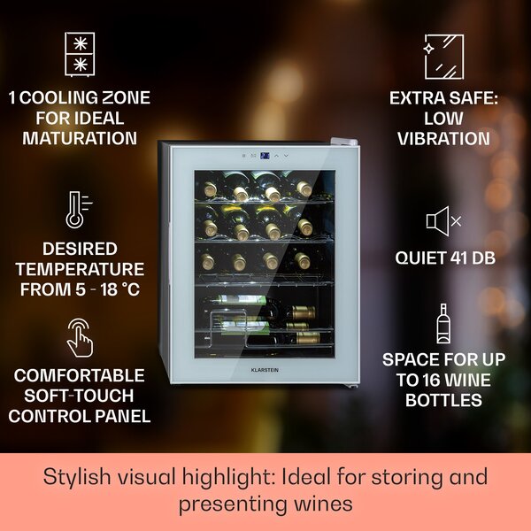 Klarstein Shiraz 16 Quartz, охладител за вино, 42 л, сензорен панел за управление, 160 W, 5- 18 °C