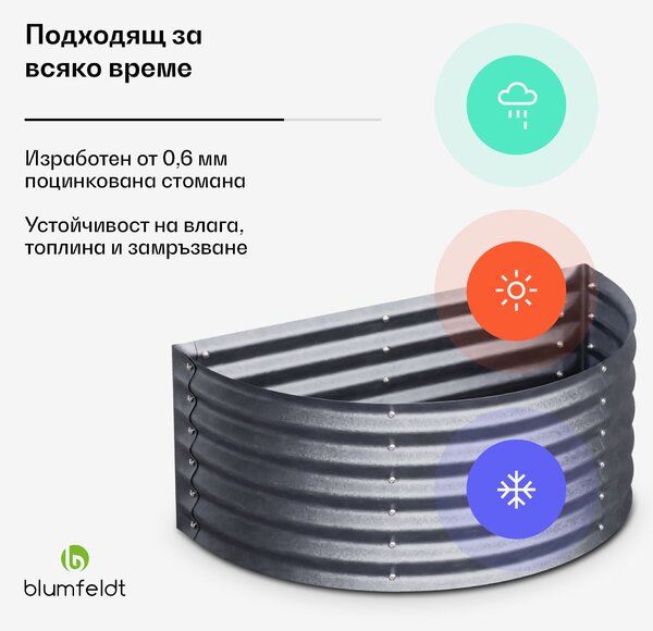 Blumfeldt High Grow Half Circle, полукръгла повдигната леха, 105x43x60 cm, изработена от вълнообразен стоманен лист, лесна за сглобяване, устойчива на ръжда и замръзване