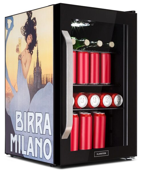 Klarstein Beersafe 70, Birra Milano Edition, охладител, 70 литра, 3 полици, панорамна стъклена врата, неръждаена стомана