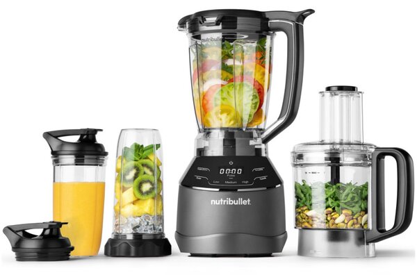Блендер 3в1 Nutribullet Triple Prep System NBF580B, 1500W, 1.8 л, 8 програми, 3 скорости, 8 програми, Разпознаване на приставки, Тъч управление, Черен/сив