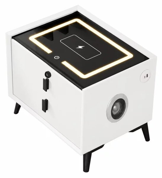 Интелигентно нощно шкафче с безжично зареждане, LED осветление, Bluetooth високоговорител, USB и Type-C портове – бял цвят, 2 чекмеджета, модерен дизайн от стъкло и дърво