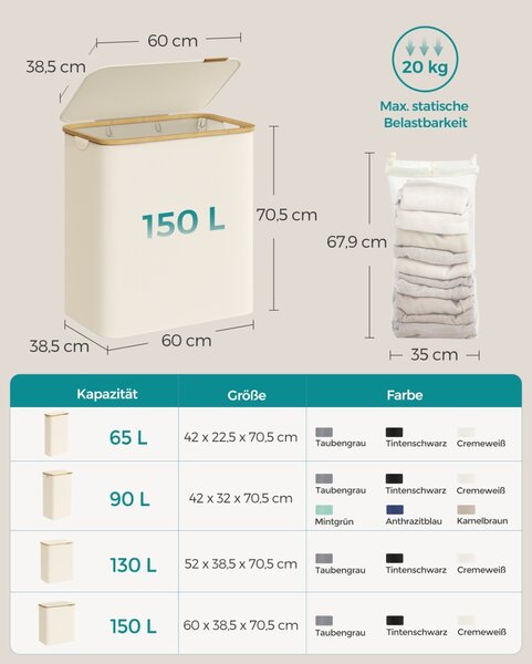 Кош за пране Songmics Крем 60x38.5x70.5 см