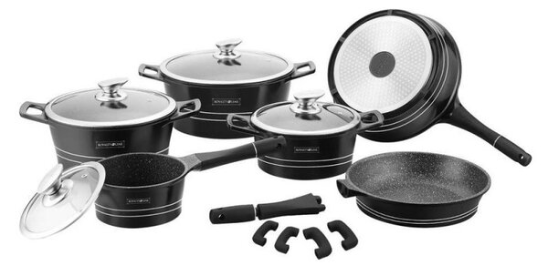 Комплект тенджери и тигани Royalty Line RL-ES1014M Black, Лят алуминий, 14 части, Мраморно покритие, Черен