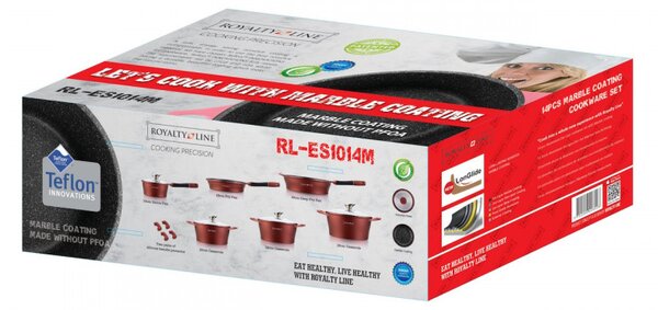 Комплект тенджери и тигани Royalty Line RL-ES1014M Black, Лят алуминий, 14 части, Мраморно покритие, Черен