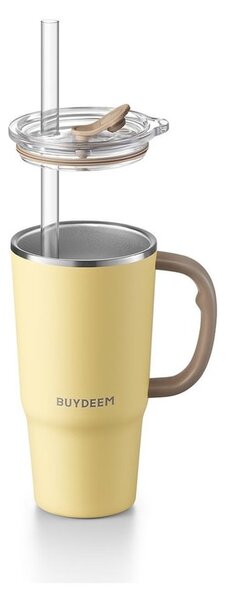 Термочаша с вградена сламка Buydeem DS57-MY, 700 мл, Топло&студено до 6 ч, Вакуумна изолация, Дръжка, Неръждаема стомана, BPA free, Жълт
