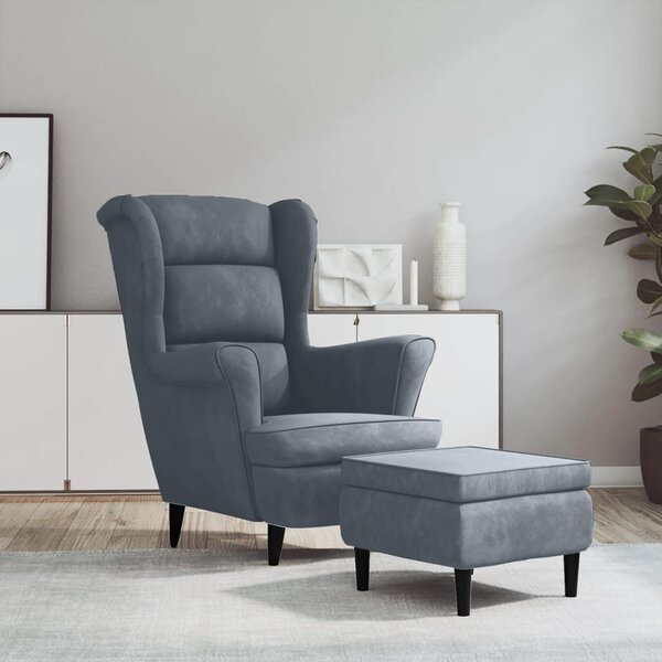 Sonata H Фотьойл Wingback с табуретка, тъмносив, кадифе