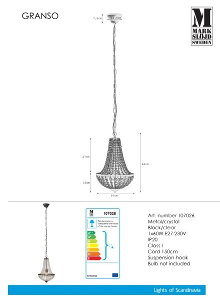 Markslöjd 107026 - Кристален Полилей на верижка GRÄNSÖ 1xE27/60W/230V