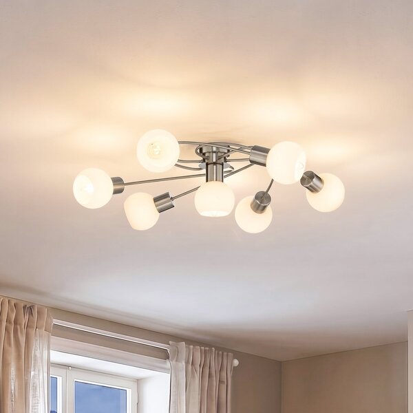 Lindby Таванно осветление Ciala, 7 лампи, цвят никел, стъкло, Затъмняване, Металик, Дневна/трапезария, Стъкло, Модерен, Глобус