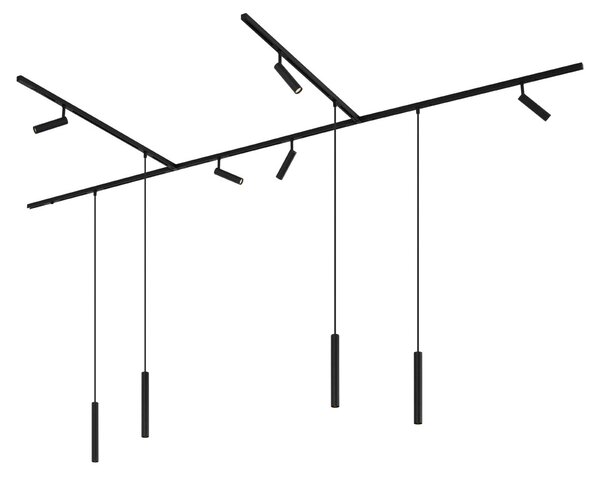 Модерна релсова система за осветление с 6 прожектора и 4 висящи лампи черна 1-фазна - Slimline Uzzy Keno