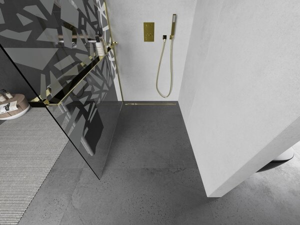 Mexen Kioto+ душ кабина с рафт Walk-in 90 x 200 см, бял мотив, златно - 800-090-121-50-85