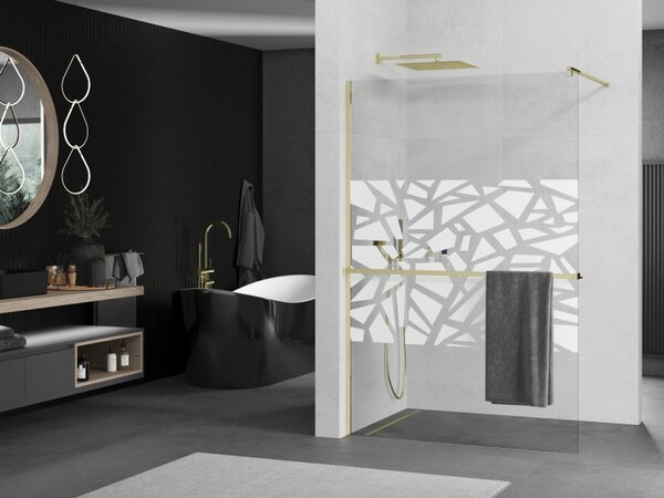 Mexen Kioto+ душ кабина с рафт Walk-in 90 x 200 см, бял мотив, златно - 800-090-121-50-85
