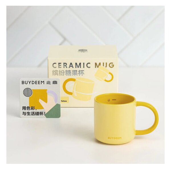 Керамична чаша за чай и кафе Buydeem CD1018-MY, 350 мл, Плоско дъно, Вътрешна мерителна скала, Високотемпературна керамика, Жълт