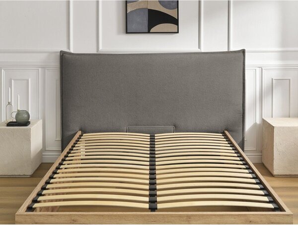Сиво/кафяво-сиво тапицирано двойно легло 160x200 cm тапицирано/ПДЧ с място за съхранение с включена подматрачна рамка Charlie – Bobochic Paris