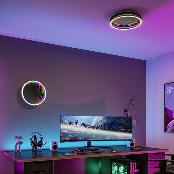 Paulmann LED таванна лампа Spaceglow One на Paulmann, черна, Ø39 см, RGBW, Затъмняване, Черен, Коридор, Пластмаса, Модерен