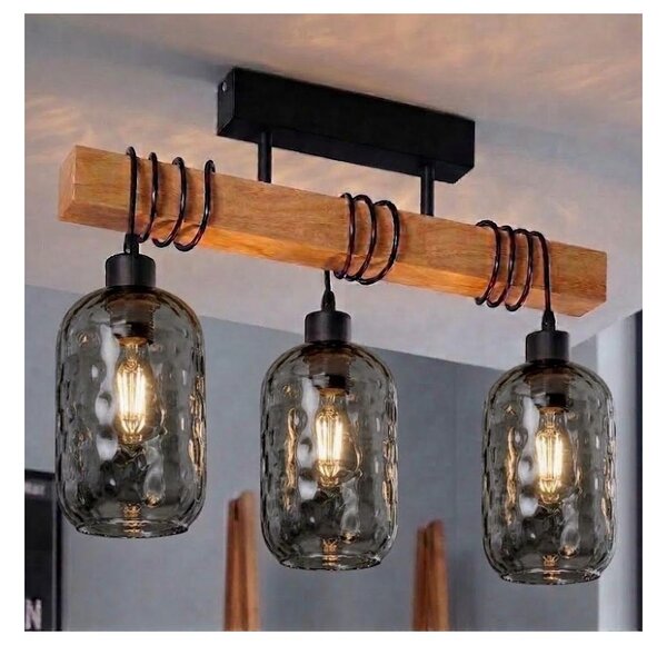 Brilagi - Таванен полилей WOOD GLASS 3xE27/60W/230V бор/черен/димно сив
