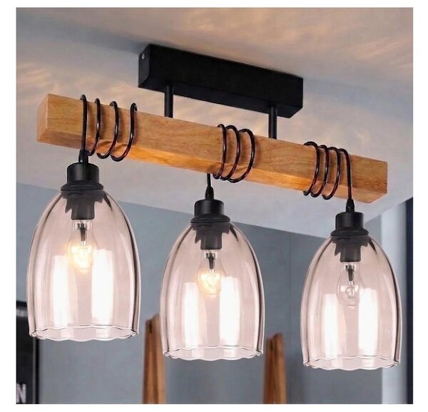 Brilagi - Плафонен полилей WOOD GLASS 3xE27/60W/230V бор/черен/опушено бежово