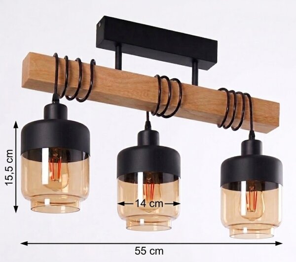 Brilagi - Повърхностно монтиран полилей WOOD GLASS 3xE27/60W/230V бор/черен/опушено кафяв