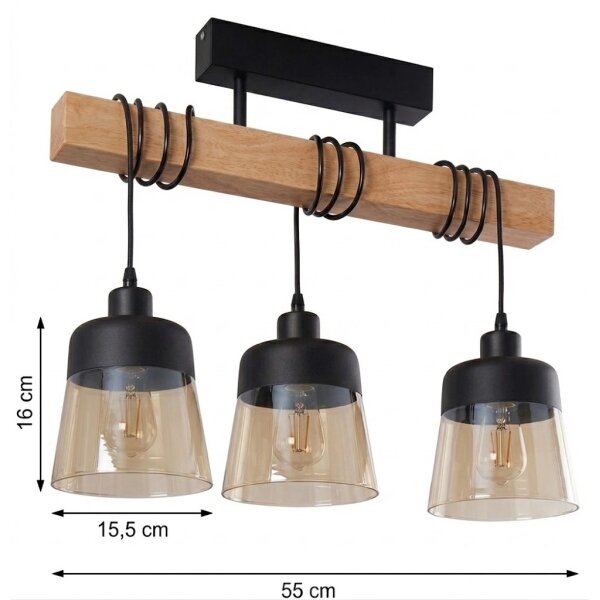 Brilagi - Плафонен полилей WOOD GLASS 3xE27/60W/230V бор/черно/опушено кафяво