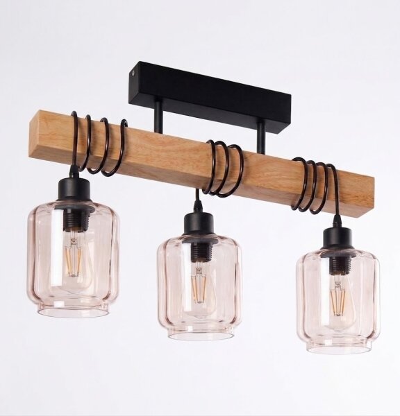 Brilagi - Плафонен полилей WOOD GLASS 3xE27/60W/230V борова/черна/димно бежова