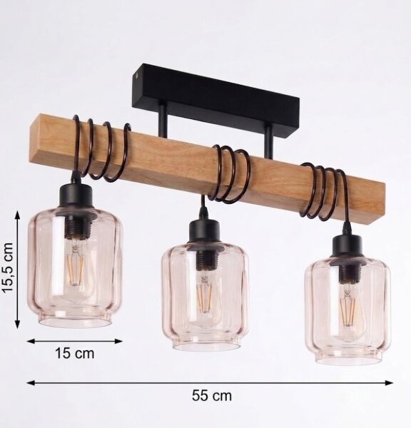 Brilagi - Плафонен полилей WOOD GLASS 3xE27/60W/230V борова/черна/димно бежова