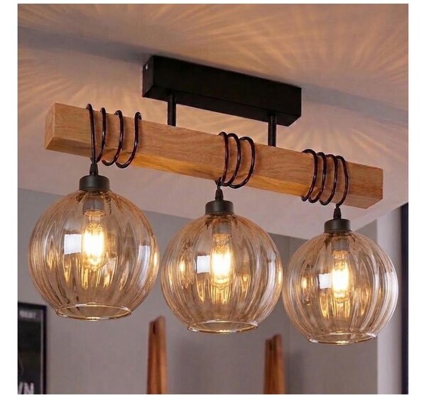 Brilagi - Плафонен полилей WOOD GLASS 3xE27/60W/230V борова/черен/опушено-кафяв