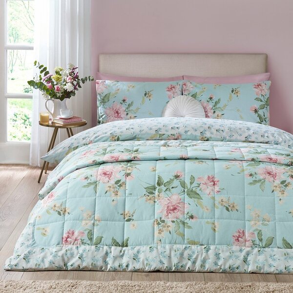 Синьо капитонирано покривало за легло 220x230 cm Avebury Floral – Catherine Lansfield
