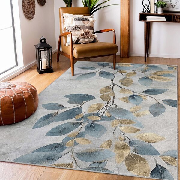 Светлосиньо-златиста пътека подходяща за пране 80x200 cm Golden Leaves – Mila Home