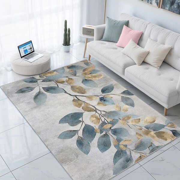 Светлосиньо-златиста пътека подходяща за пране 80x200 cm Golden Leaves – Mila Home