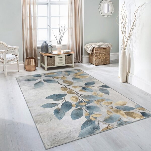 Светлосиньо-златиста пътека подходяща за пране 80x200 cm Golden Leaves – Mila Home