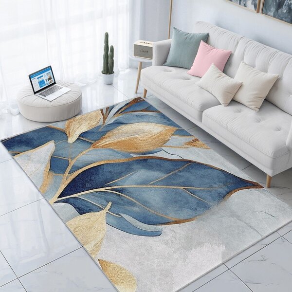 Синьо-златиста пътека подходяща за пране 80x200 cm Golden Leaves – Mila Home