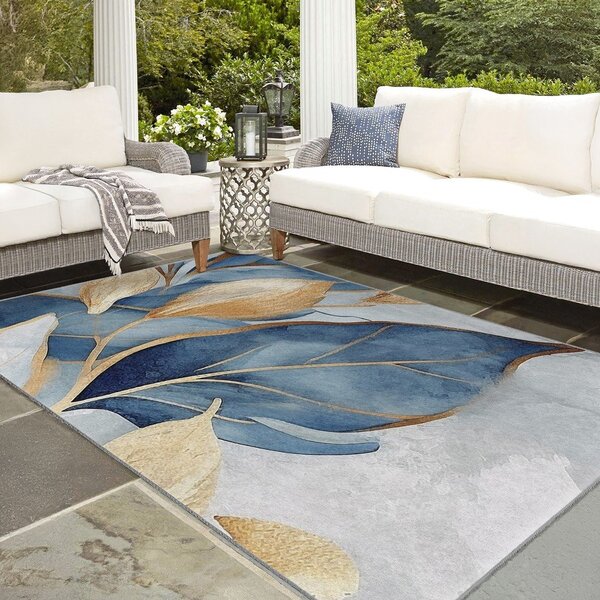 Синьо-златиста пътека подходяща за пране 80x200 cm Golden Leaves – Mila Home