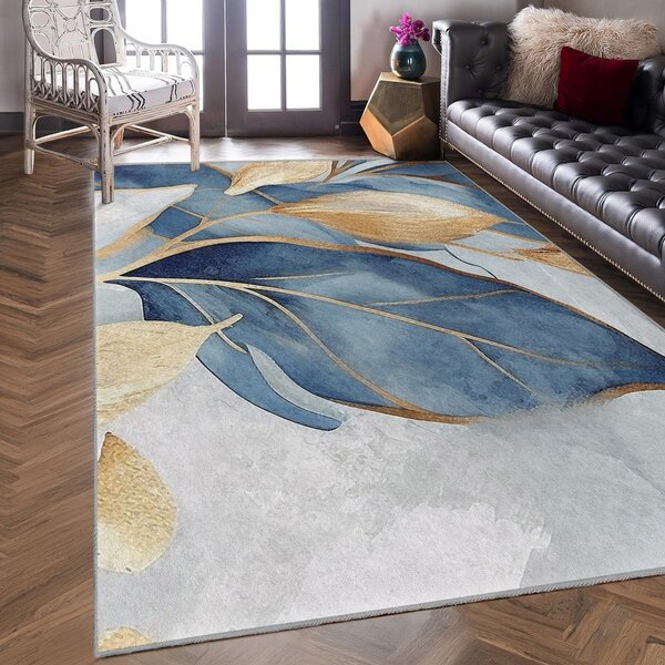 Синьо-златиста пътека подходяща за пране 80x200 cm Golden Leaves – Mila Home