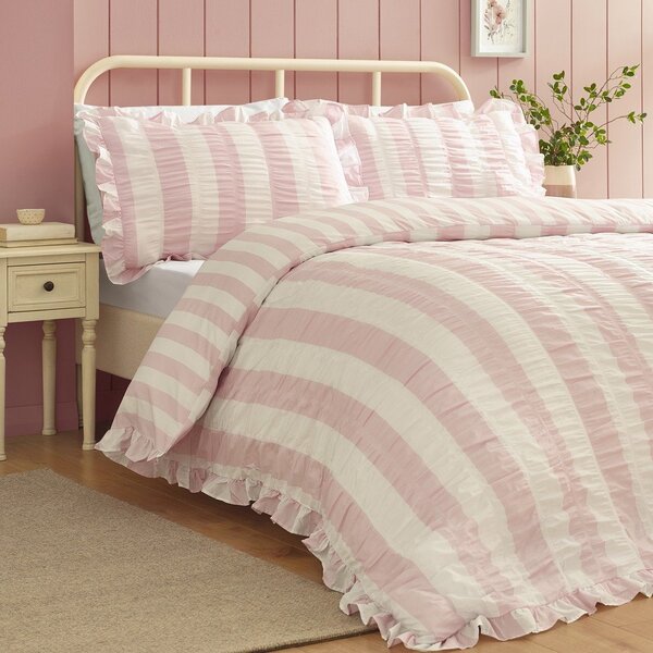 Розово единично спално бельо 135x200 cm Seersucker Frill Stripe – Catherine Lansfield