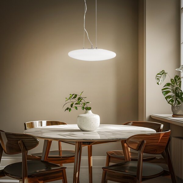 Lindby LED висяща лампа Gunda, бяла, стъкло, Ø 47 cm, с димер, Затъмняване, Бял, Дневна/трапезария, Стъкло, Модерен