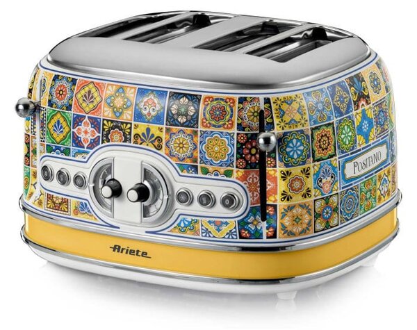 Тостер за хляб Ariete Positano 0156/0P, 1600W, 4 филии, 3 функции, 6 степени, Подвижна тава за трохи, Бял/жълт