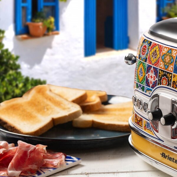 Тостер за хляб Ariete Positano 0156/0P, 1600W, 4 филии, 3 функции, 6 степени, Подвижна тава за трохи, Бял/жълт
