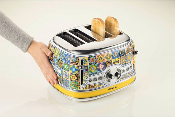 Тостер за хляб Ariete Positano 0156/0P, 1600W, 4 филии, 3 функции, 6 степени, Подвижна тава за трохи, Бял/жълт
