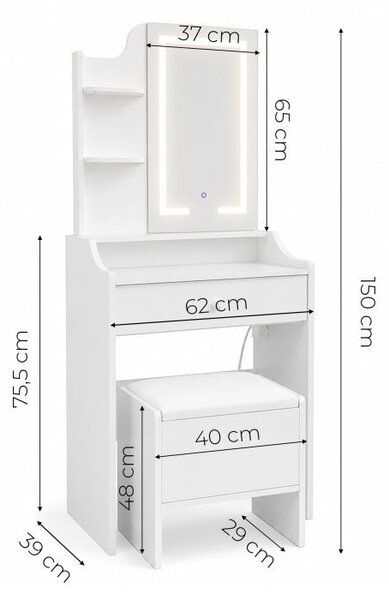 Тоалетка с LED огледало – табуретка, чекмедже, 2 рафта