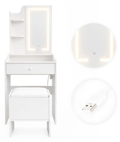 Тоалетка с LED огледало – табуретка, чекмедже, 2 рафта