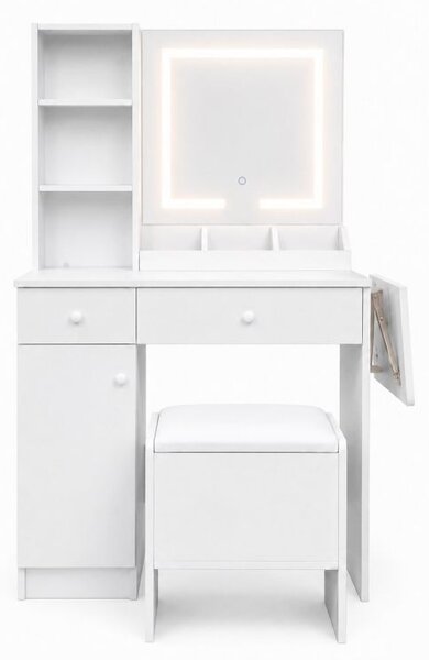 Луксозна тоалетка с LED огледало и табуретка – 2 чекмеджета, рафтове, шкафче