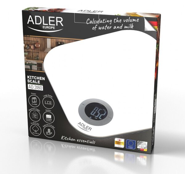 Кухненска везна Adler AD 3180, До 10 кг, Измерване на течности, ТАРА, LCD дисплей, 2 x AAA, Бял