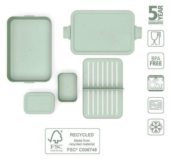 Кутия за храна Brabantia Make&Take 1006291, 2 л, С разделители, Плътно затваряне, Без BPA, Зелен