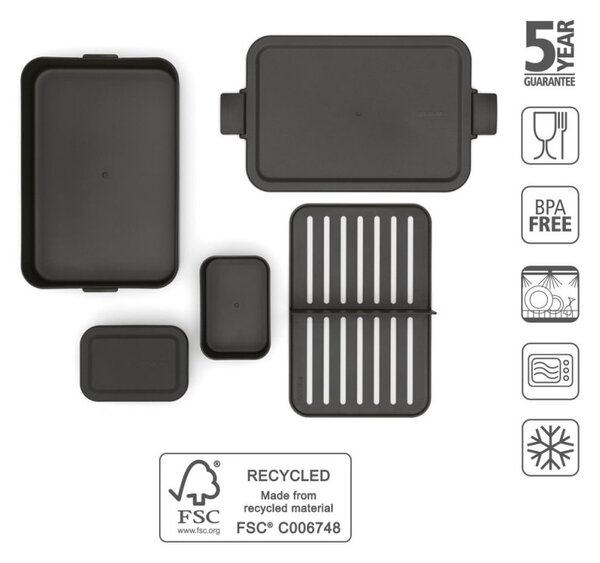Кутия за храна Brabantia Make&Take 1006290, 2 л, С разделители, Плътно затваряне, Без BPA, Тъмносив