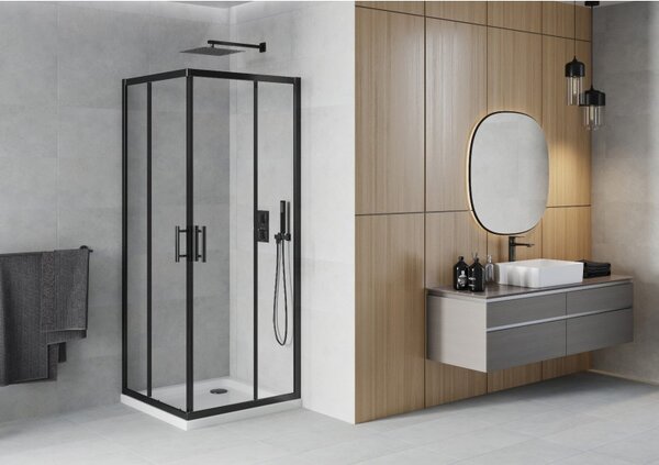 Mexen Rio квадратна душ кабина 80 x 80 см, прозрачна, черна + корито Flat, бяло