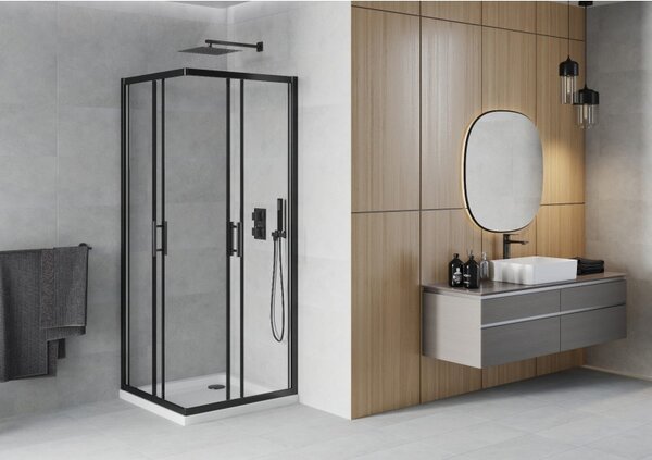 Mexen Rio квадратна душ кабина 80 x 80 см, прозрачна, черна + корито Flat, бяло